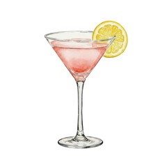 Pink cocktail with lemon garnish isolated on transparent background