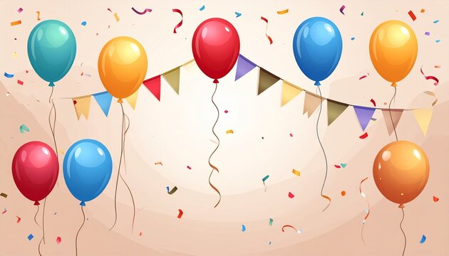 Colorful balloons and triangular pennant flags with confetti on beige gradient background in festive scene.