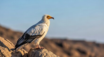 Fototapeta premium Majestic Egyptian Vulture Standing on Rocky Outcrop Under Open Sky Socotra Landscape