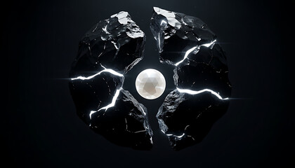 Dramatic black and white 3D render of a cracked sphere splitting to reveal a bright, geometric glowing core. Concept for tension, potential, or hidden power.