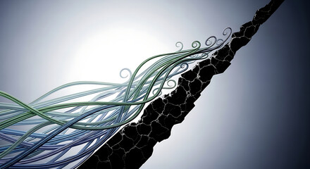 Abstract image of organic, multi-colored wavy lines emerging from a rough, cracked black earth surface. Concept for nature vs. technology, integration, or conflict.