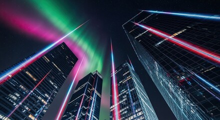 Stunning skyscrapers reach for the vibrant aurora borealis, a modern city nightscape with dynamic light trails and twinkling stars above