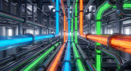 3D render of an industrial pipe network carrying vibrant, glowing blue, green, and orange liquid/data flow. Concept for energy channels or massive data transfer.