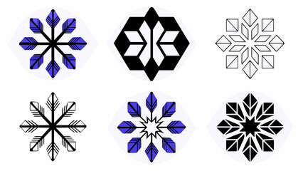 Six stylized snowflake designs in black, white, and purple on a white background in a grid pattern
