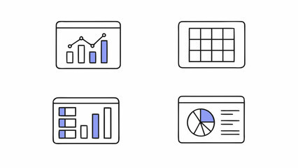 Illustration of four data visualization icons including graphs chart and table displays on white background