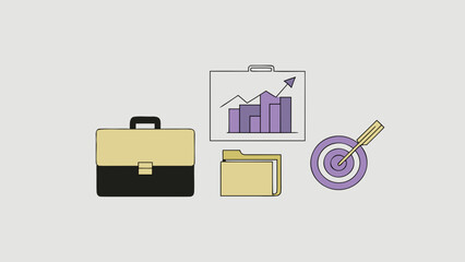 Illustration of a briefcase, graph, folder, and target with arrow on a light background color scheme