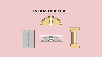 Illustration showing infrastructure elements including a road, tunnel, bridge, and a classical column