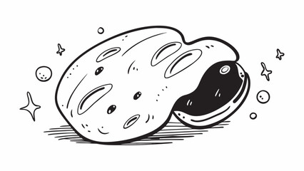 Illustration of a stylized space rock with craters and celestial elements in black and white style