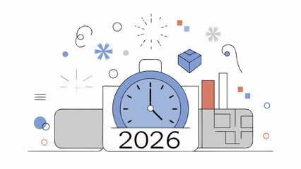 Illustration of a clock showing the year 2026 with geometric shapes and decorative elements around it