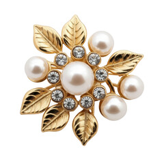Golden brooch with pearls and crystals isolated on transparent background