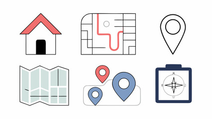 Illustration showing various navigation and location icons including a house and map elements