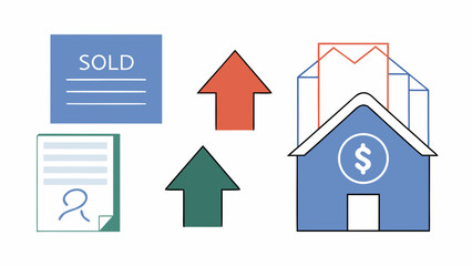 Illustration depicting real estate market growth with sold sign and house with dollar sign on it