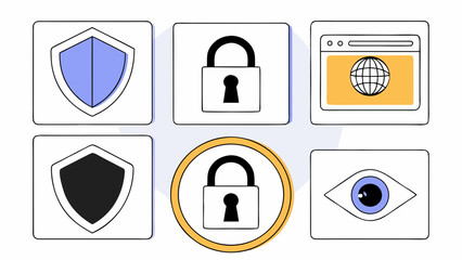 Illustration of security icons including shields, locks, a browser and an eye in square frames