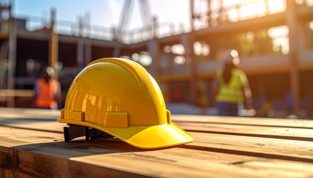 Yellow safety helmet on a construction site with a blurred worker in the background. Image represents safety first, workplace protection, industrial environment, and construction industry standards.