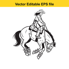 Fototapeta premium Black and white vector line art illustration of a female cowgirl wearing a cowboy hat riding a galloping horse, isolated on
