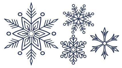 Four snowflakes with varying designs and patterns arranged on a white background surface view