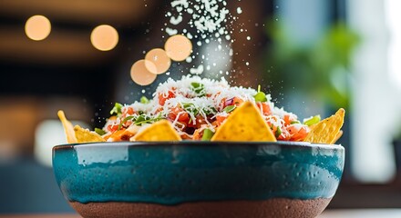 Delicious nachos being sprinkled with cheese in a rustic bowl