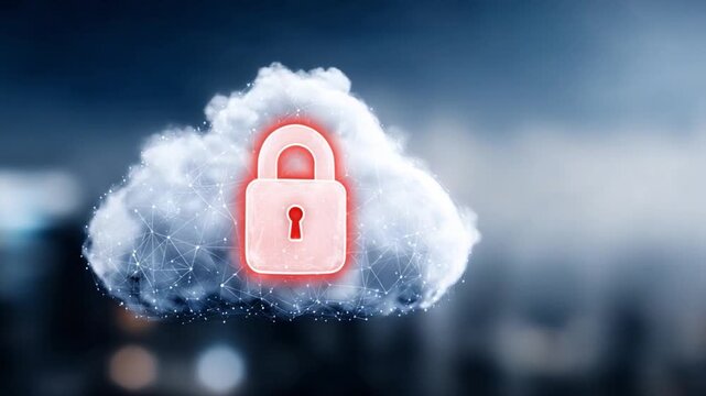 Cloud Security and Privacy: A digital cloud icon symbolizes the vital aspects of data protection in the virtual world. A radiant lock on a fluffy cloud symbolizes security and privacy