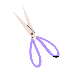 Minimalist vector illustration of garden scissors with purple handles, perfect for gardening, plant care, herb cutting and floral design projects