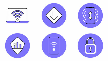 Illustration of laptop with wifi, download arrow, phone with arrow, chart, phone wifi, and padlock icons