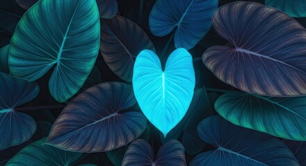 Stunning vibrant blue heart-shaped leaf glowing among dark tropical leaves, perfect for nature-inspired designs and creative projects, unique botanical