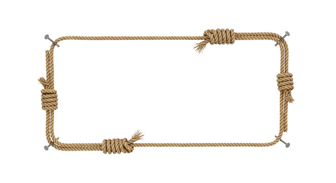 Realistic rectangular frame made of brown twisted rope with four corner knots, held by nails on an isolated white background