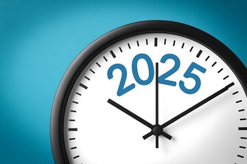 Clock face showing the year 2025 approaching on a blue background