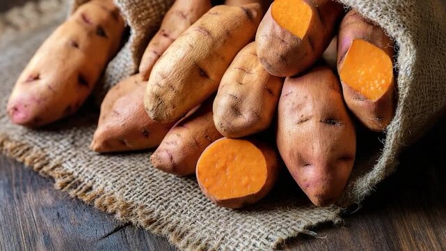 Video A pile of sweet potatoes sitting on a table, great for food and cooking s