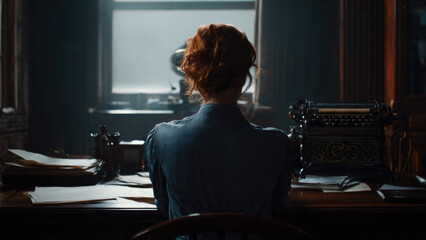 A woman with red hair sits at a vintage desk, focused on her work, surrounded by papers and an antique typewriter in a dimly lit room.