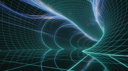 Abstract digital grid tunnel flowing with luminous data streams