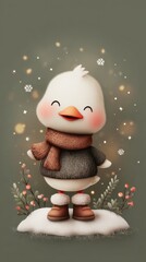 A charming, happy white goose wearing a cozy winter sweater and brown scarf, wearing fluffy winter boots