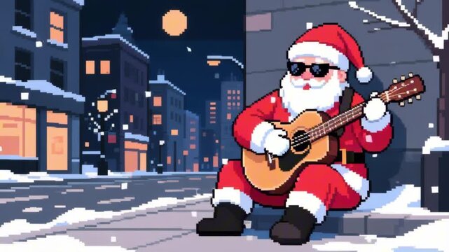 Pixel-art Santa wearing sunglasses plays guitar on a snowy city sidewalk at night, warm window lights glowing behind him, gentle snowfall and retro holiday mood creating a cozy festive loop.