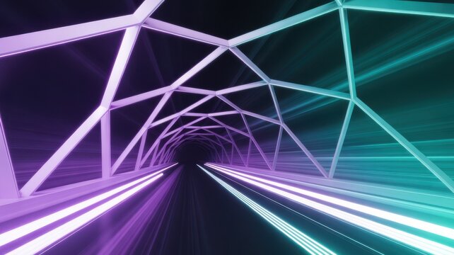 Futuristic neon tunnel with glowing light trails and abstract grid