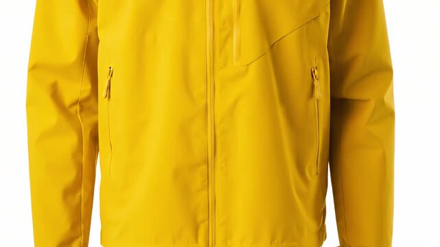 Yellow waterproof hooded sports jacket for trekking and outdoor activities. Warm and comfortable apparel isolated on a white background