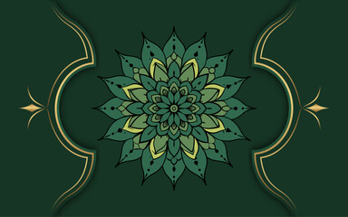 Elegant green and gold floral mandala pattern with decorative border elements