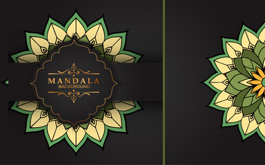 Elegant gold and green mandala design on a dark background mock up style