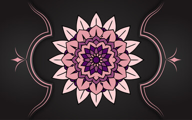 Delicate pink and purple floral mandala design on a dark background