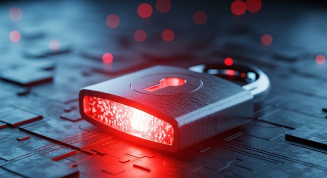 Digital padlock glowing red on a circuit board, symbolizing a cybersecurity threat, data breach, or system vulnerability in a secure network - Powered by Adobe
