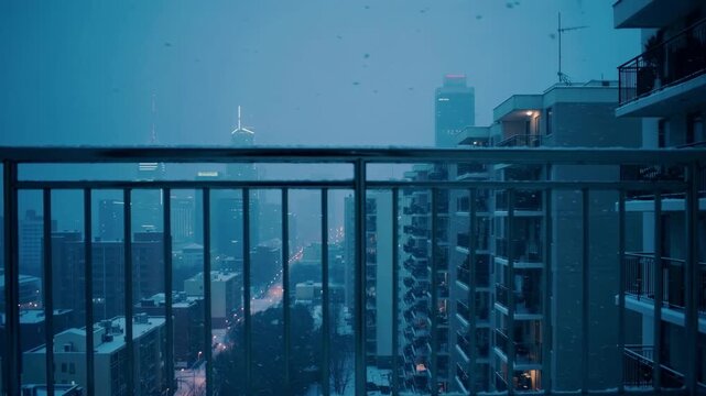 Snow drifting gently past a quiet apartment balcony at dusk, cold blue city tones reflecting on metal railings, distant traffic lights glowing softly, calm lonely winter atmosphere.