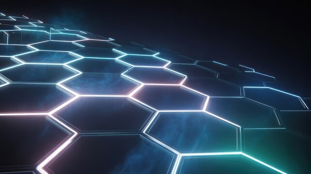 Digital network glowing hexagons abstract technology background - Powered by Adobe