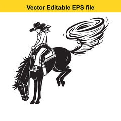 Fototapeta premium Black and white vector illustration of a cowboy or cowgirl riding a bucking bronco horse with a swirling tornado tail, isolated on