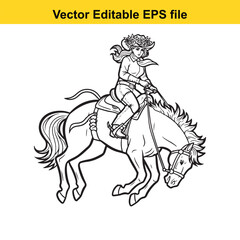 Fototapeta premium Black and white line art vector illustration of a female equestrian wearing a flower crown riding a spirited horse, isolated on