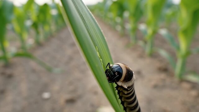 Macro view of fall armyworm chewing through green crop leaf, soft out-of-focus background of crop rows, natural morning light, clear detail of head capsule and striped body pattern