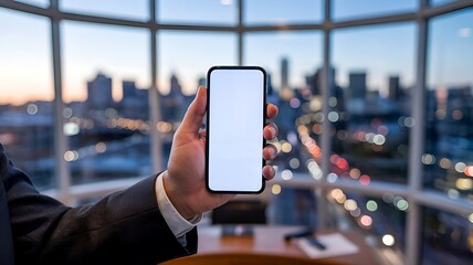 Mockup smartphone main homme affaires écran blanc bureau ville fenêtre skyline - Professional smartphone mockup, with businessman hand holding a white-screen phone with city skyline background