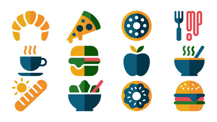 Collection of colorful flat design food and drink icons for breakfast lunch and dinner isolated on