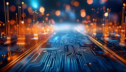 tech circuit board with blue and orange bokeh digital technology background