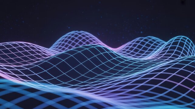 Futuristic wireframe grid waving pattern with vibrant neon glow