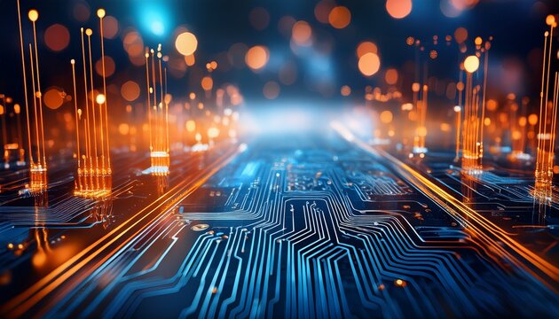 tech circuit board with blue and orange bokeh digital technology background