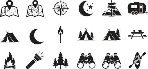Collection of camping and outdoor adventure themed vector icons set