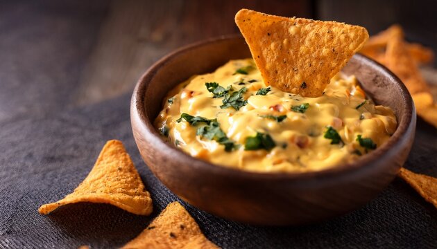 spiced tortilla chips with cheesy dip in rustic bowl appetizing mexican snack